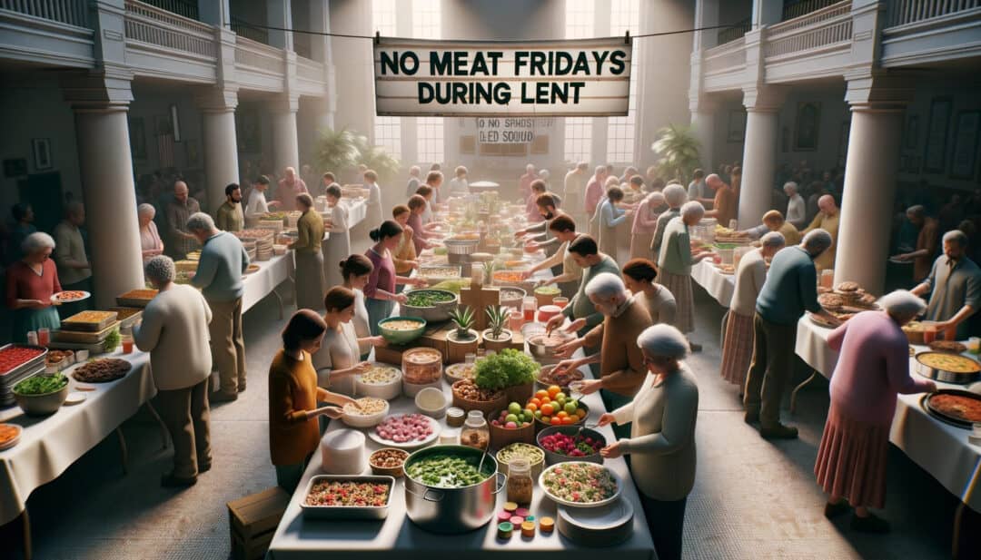 A community gathering or potluck during a friday in lent. People are seen bringing and sharing vegetarian dishes, while a signboard in the background reads 'no meat fridays during lent'.