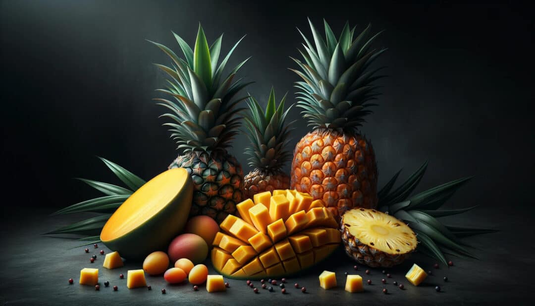 A mango is sliced open, revealing its juicy interior, pineapples are presented both whole and in slices, and serrol fruits are scattered around.