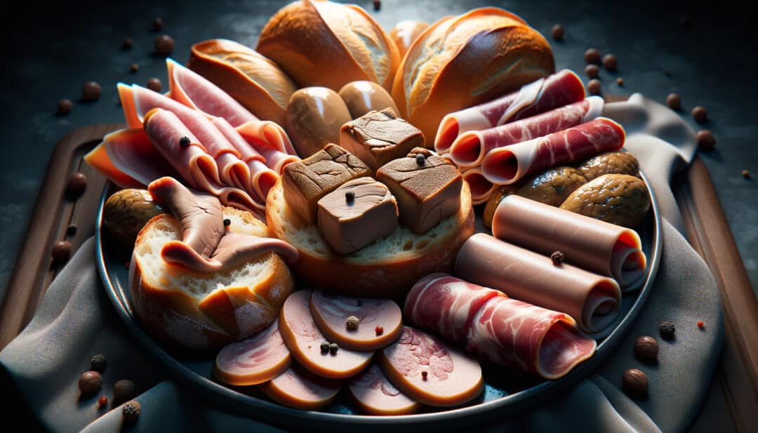 High-resolution photo-realistic depiction of a gourmet meal. At the center is foie gras, its rich texture evident, atop crusty rolls. These are surrounded by a selection of cold meats, each with its unique texture and color. The lighting in the image emphasizes the details, casting soft shadows that enhance the depth of the scene. The colors are vibrant but not overly saturated, presenting a true-to-life representation of the meal.