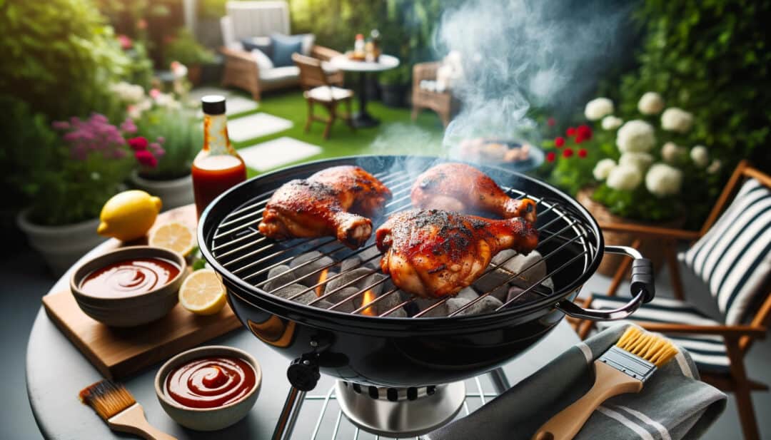 Bbq chicken thighs being grilled on a classic charcoal grill. On the side, there's a small table with a bowl of bbq sauce, a basting brush, and some fresh lemons.