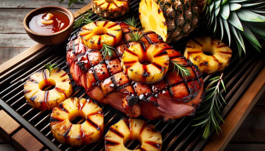 Bbq ham steaks glazed with a pineapple and brown sugar mixture