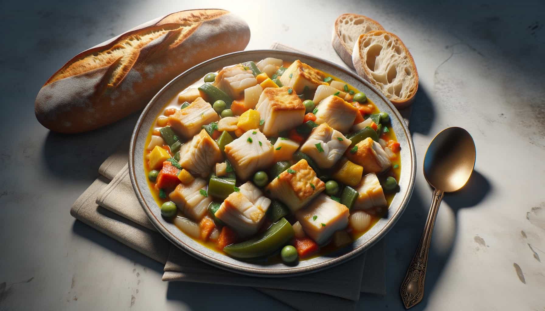 Bacalhau (salt cod stew) is served on a plate with a side of crusty bread. The stew's texture, with chunks of salt cod and vegetables.