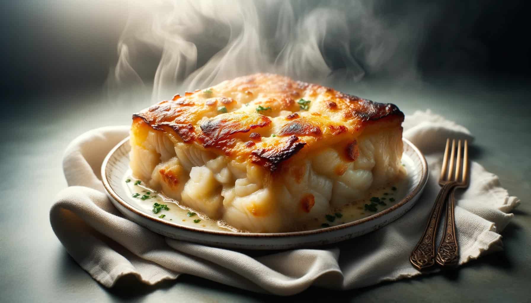 Bacalhau à gomes de sá (codfish casserole) presented on a white porcelain plate. The casserole's surface is slightly browned, suggesting a crisp top layer, while steam rises gently, hinting at its hot and flavorful interior.