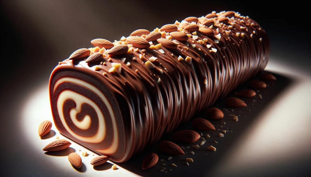 Photo-realistic image of a belgian chocolate christmas log, resembling a true masterpiece. The log, rich in belgian chocolate, has a glossy finish, indicating its premium quality. It's enhanced with a subtle flavor of almond extract and adorned with crushed almonds sprinkled on top. The lighting in the scene perfectly casts shadows, bringing out the texture and depth of the chocolate log. The colors are vibrant, capturing the deep brown of the chocolate and the light beige of the almonds. Every element in the image blends seamlessly, creating a visual representation of a festive belgian treat.
