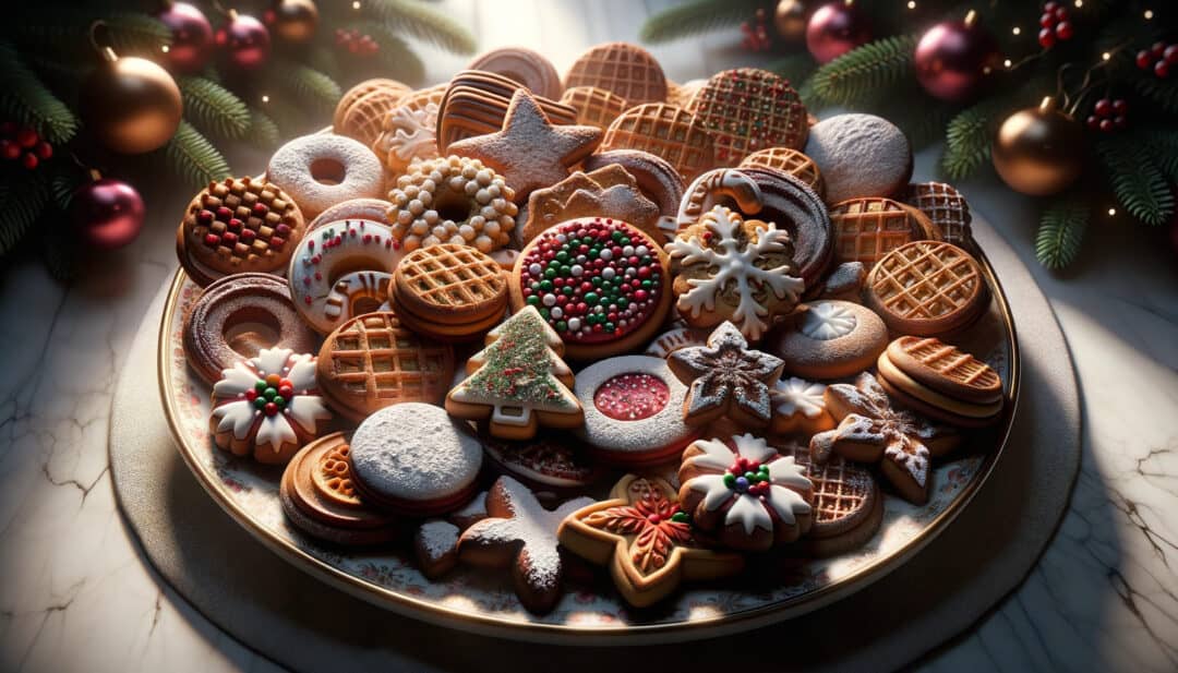 A high-resolution, photo-realistic depiction of a selection of belgian christmas cookies. The cookies, each with its unique design and texture, are displayed on a decorative plate. Some cookies are dusted with powdered sugar, while others are adorned with colorful sprinkles. The lighting in the image accentuates the details, casting soft shadows that add depth to the scene. The colors are true-to-life, showcasing the rich brown of the cookies and the vibrant hues of the decorations. The entire composition is harmonious, reflecting the festive spirit of belgian christmas traditions.