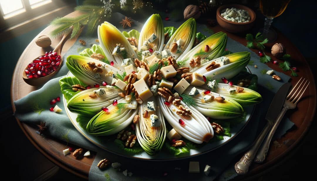 Belgian endive salad, enjoyed during christmas celebrations. The salad boasts a combination of fresh endive leaves, crumbled cheese, and toasted nuts, all resting on a plate or platter. Garnishes like fresh herbs or pomegranate seeds add a festive touch.