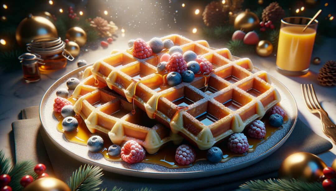 Belgian waffles, a christmas morning favorite. The waffles, perfectly cooked to a golden brown, boast a crispy exterior and fluffy inside. They are complemented with toppings like maple syrup, fresh fruit, and a sprinkle of powdered sugar.