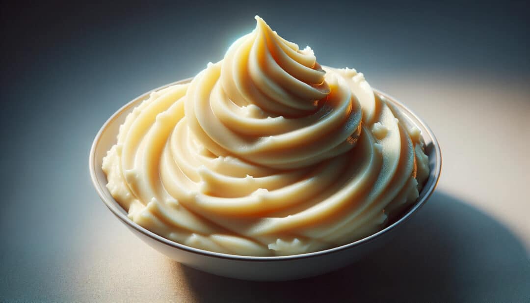 Belgian creamy mashed potatoes. The dish is presented in an elegant bowl, the mashed potatoes perfectly whipped to a smooth consistency. The surface of the potatoes showcases a delicate sheen, indicating the richness and creaminess of the dish.