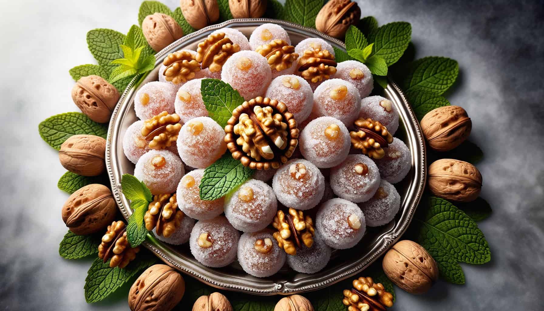 Camafeu de nozes (walnut candies) served on a silver platter. Accompanied by decorative mint leaves, the candies gleam with their sugar coating, each topped with a walnut piece.