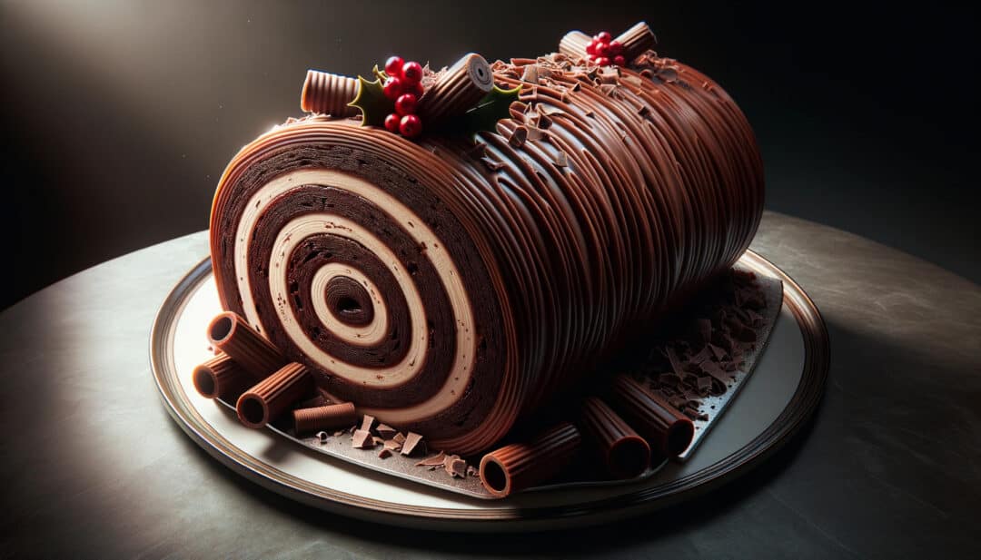 Chocolate yule log, a staple in belgian christmas celebrations. The cake, with its deep chocolate hue and spiral design from the roll, sits on an elegant serving plate. It's adorned with chocolate shavings and a few red berries for a pop of color.