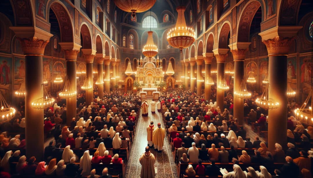 A scene from coptic christmas in egypt. Inside a majestic church, the congregation is immersed in the midnight mass. The warm glow from chandeliers and candles illuminates the space, casting realistic shadows on the floor and walls. Children, adults, and elders come together in this spiritual gathering, with many focused on the altar where priests conduct the service. The rich colors of the church's interiors, the congregants' attire, and the religious artifacts are vibrant and natural, creating a harmonious and solemn atmosphere.
