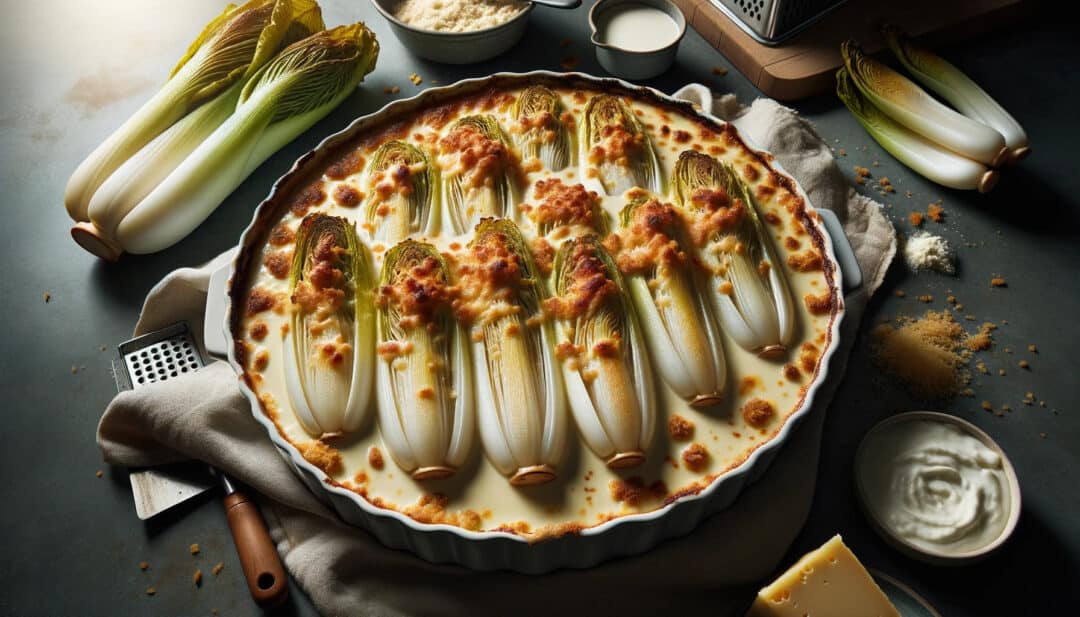 Creamy endive gratins placed on a kitchen counter. The endives peek out from beneath a thick, luscious sauce, with their tips slightly caramelized. A crust of melted cheese and breadcrumbs forms a delightful golden layer on top.