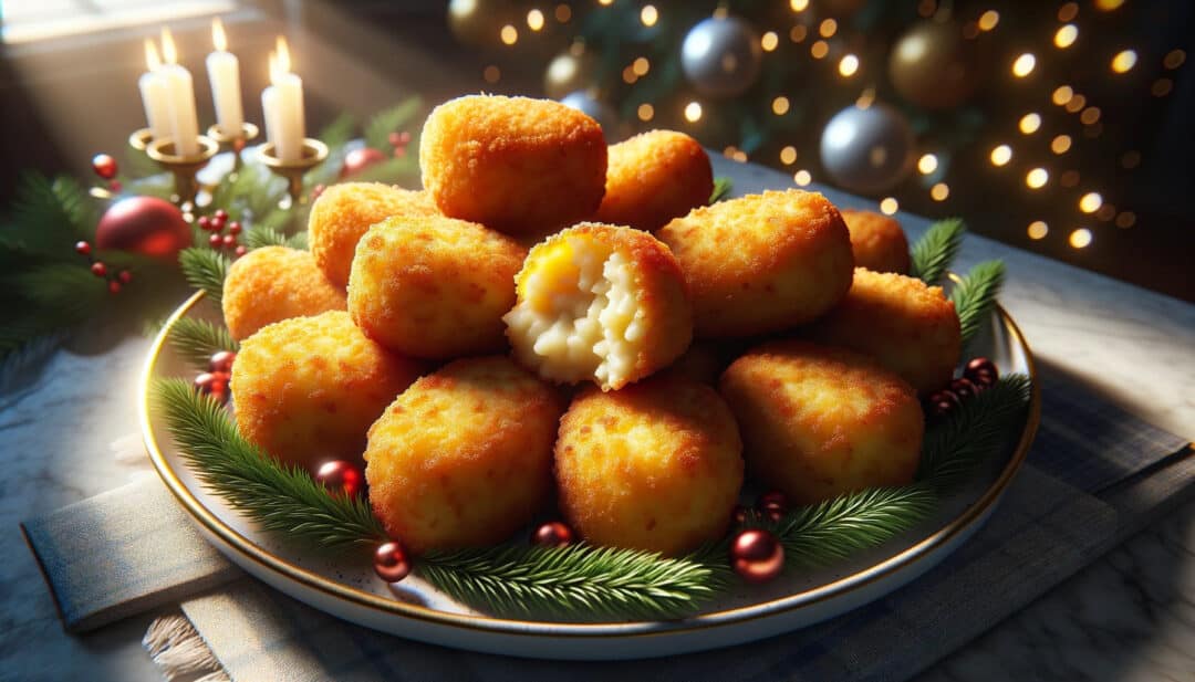 Crispy potato croquettes served during a christmas meal. The croquettes, golden-brown and perfectly fried, are arranged on a festive plate, their crispy exteriors hinting at the soft, mashed potato filling inside.