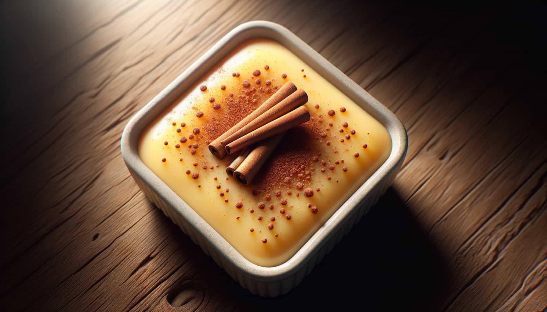 Curau (corn pudding) is in a square-shaped dish. The pudding is velvety and rich, with a few sprinkles of cinnamon on top,.