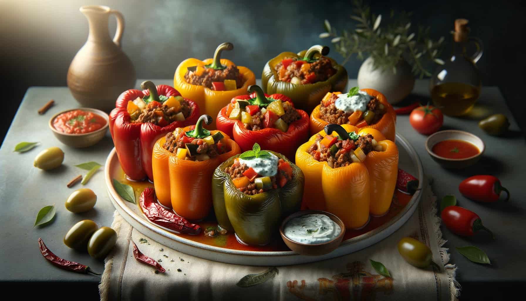 Mediterranean stuffed bell peppers arranged on a white ceramic plate. The bell peppers, with shades of orange, red, and yellow, are filled to the brim with a savory mix of ground lamb, rice, diced zucchini, and seasoned with mediterranean spices. A dollop of tzatziki sauce and a sprinkle of chopped mint leaves enhance the flavors.