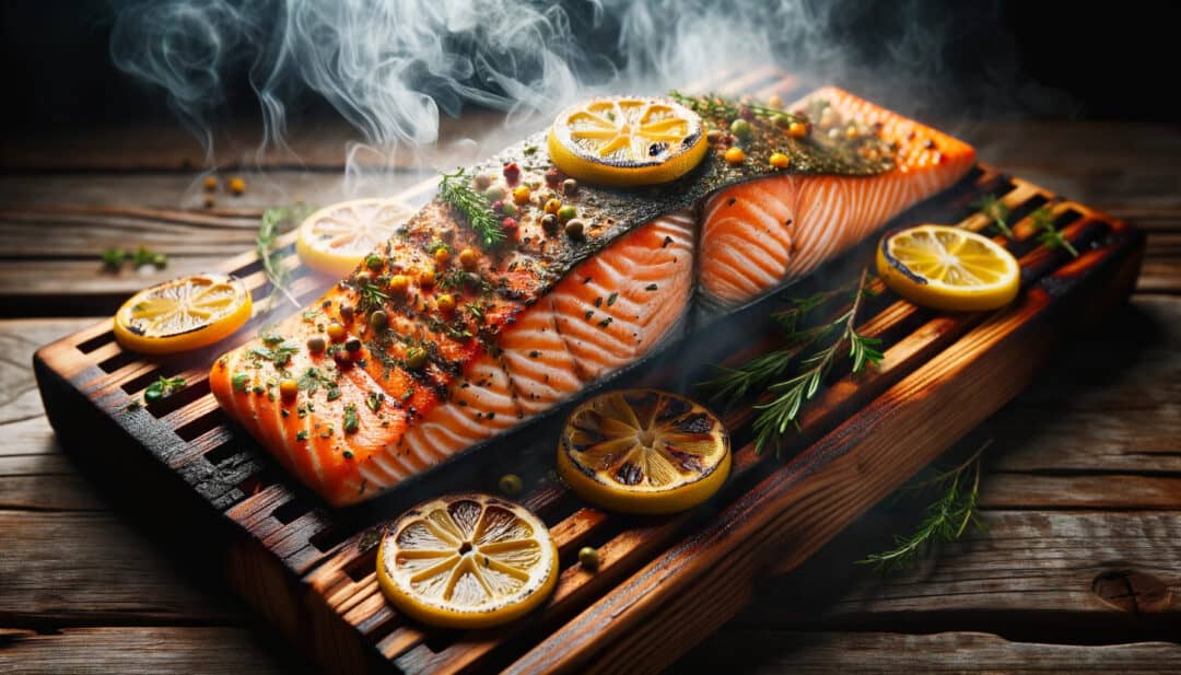 Cedar plank salmon marinated in a citrus and herb mixture