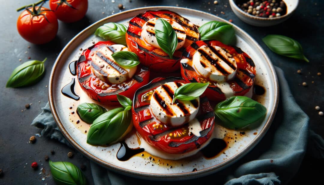 Grilled caprese salad: with charred tomatoes and melted mozzarella.