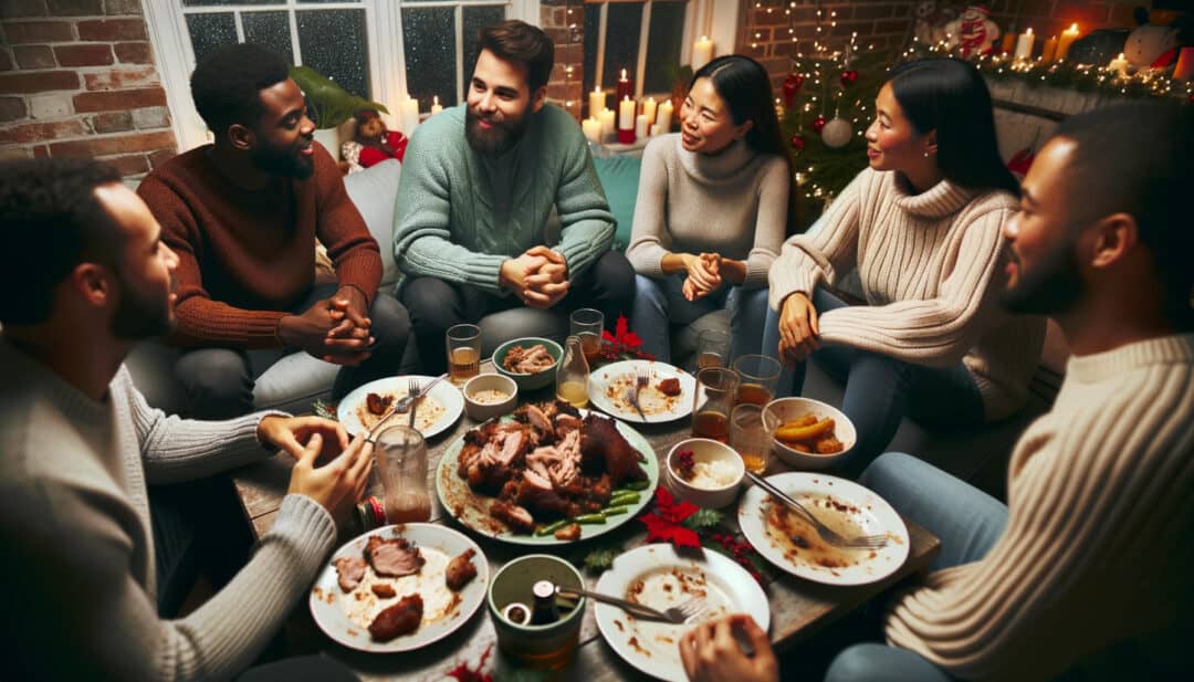 Friends and family sit around, their plates showing remnants of a sumptuous meal