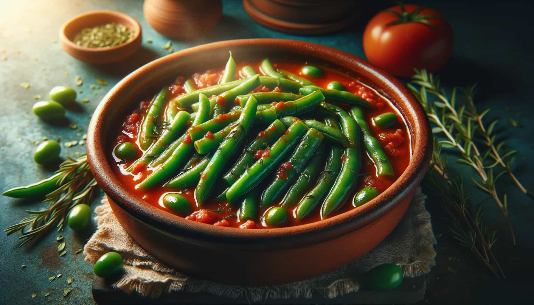 Greek-style green beans (fasolakia) in a traditional clay pot. The tender and juicy beans are submerged in a thick tomato sauce with herbs like rosemary and parsley sprinkled on top.