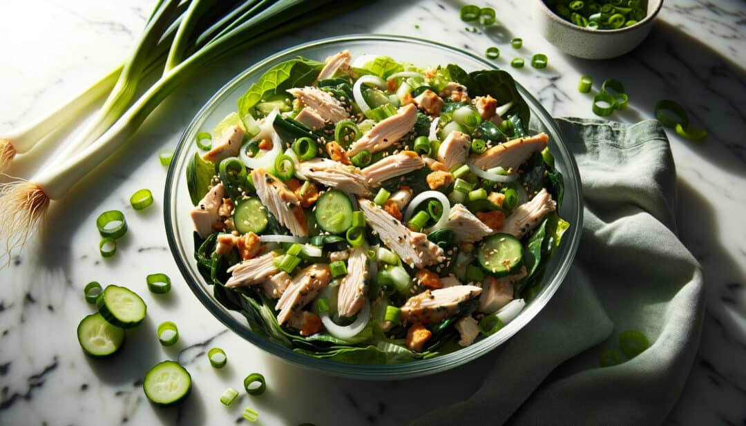 Green onion classic gluten free chicken salad, showcased in a glass bowl on a marble countertop. The salad glistens with freshness, with pieces of chicken, green onions, and other veggies visible.