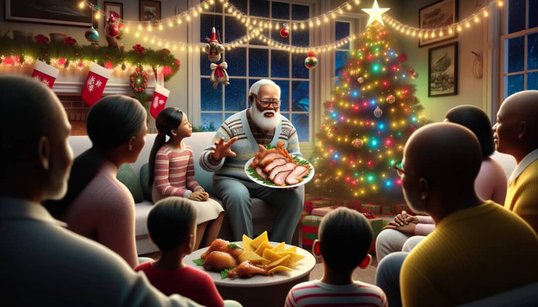 Realistic image of a guyanese family gathered in their living room, adorned with christmas lights and ornaments. An elder, holding a plate of garlic pork, narrates its historical and cultural relevance to the younger members. The scene emphasizes the transmission of traditions, with the dish symbolizing the fusion of various cultural influences that make up guyanese identity.