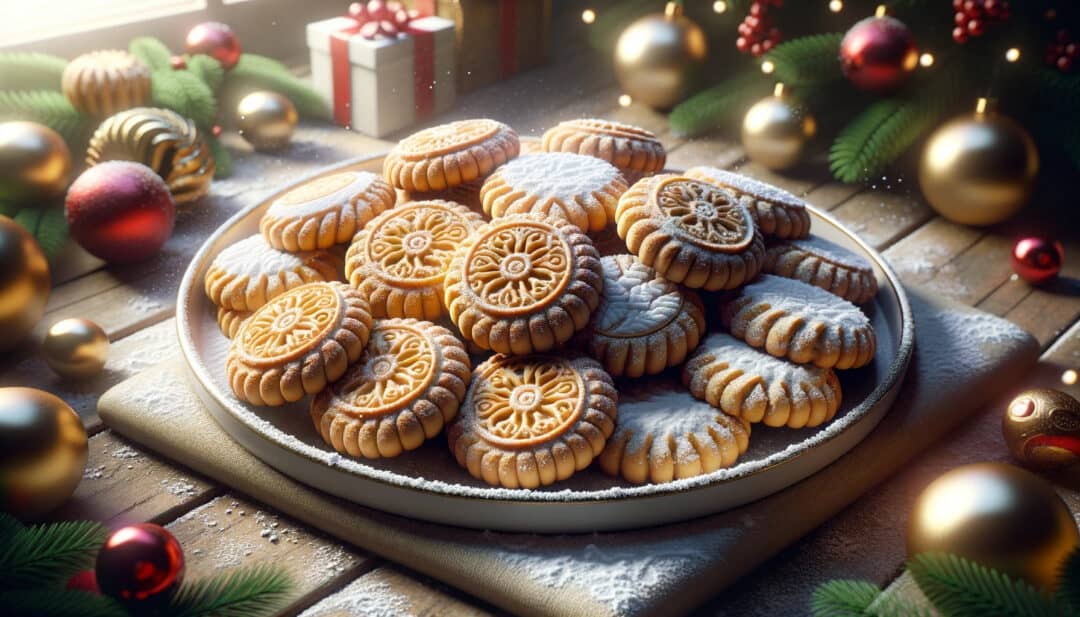 Kahk cookies, traditional sweet treats of egyptian christmas. A plate is filled with these golden-brown cookies, dusted with powdered sugar. Each cookie has intricate designs imprinted on its surface, hinting at its buttery and crumbly texture.