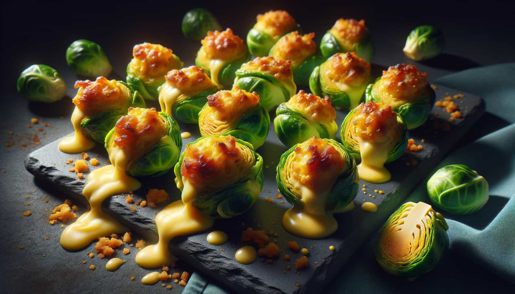 Keto cheese-stuffed brussels sprouts arranged neatly on a slate serving board. The brussels sprouts have a crisp exterior and ooze with creamy cheese from within.