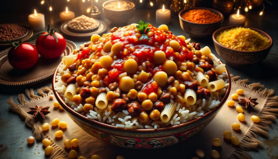 Koshari, an essential part of the coptic christmas feast. The dish is presented in a traditional egyptian bowl, with the layers distinctly visible: rice, lentils, macaroni, chickpeas, and caramelized onions. The tangy tomato sauce drizzled over the top gives it a luscious appearance. The setting is a festive table with other accompaniments.