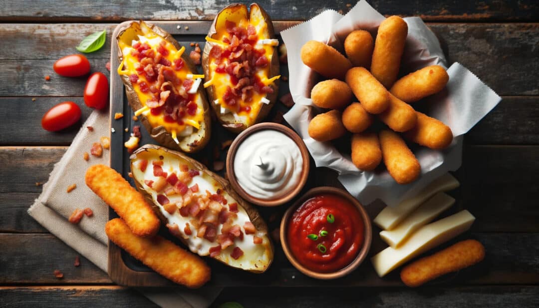 Loaded potato skins, generously filled with toppings like cheese, bacon, and a dollop of sour cream