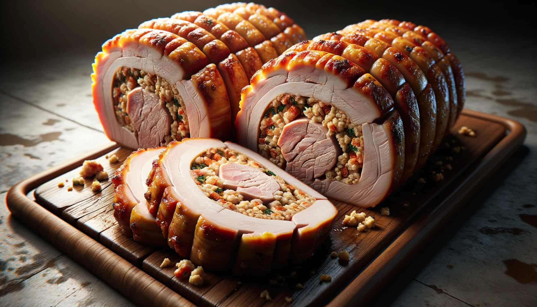 Lombo recheado (stuffed pork loin) sliced and arranged on a wooden board. The slices reveal the rich stuffing inside the pork loin, with textures of the meat and stuffing detailed and prominent.