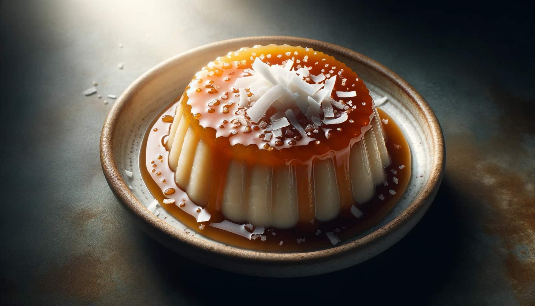 Manjar branco (coconut and cornstarch pudding) presented on a ceramic plate. The pudding is garnished with a few coconut shavings and a drizzle of caramel sauce.