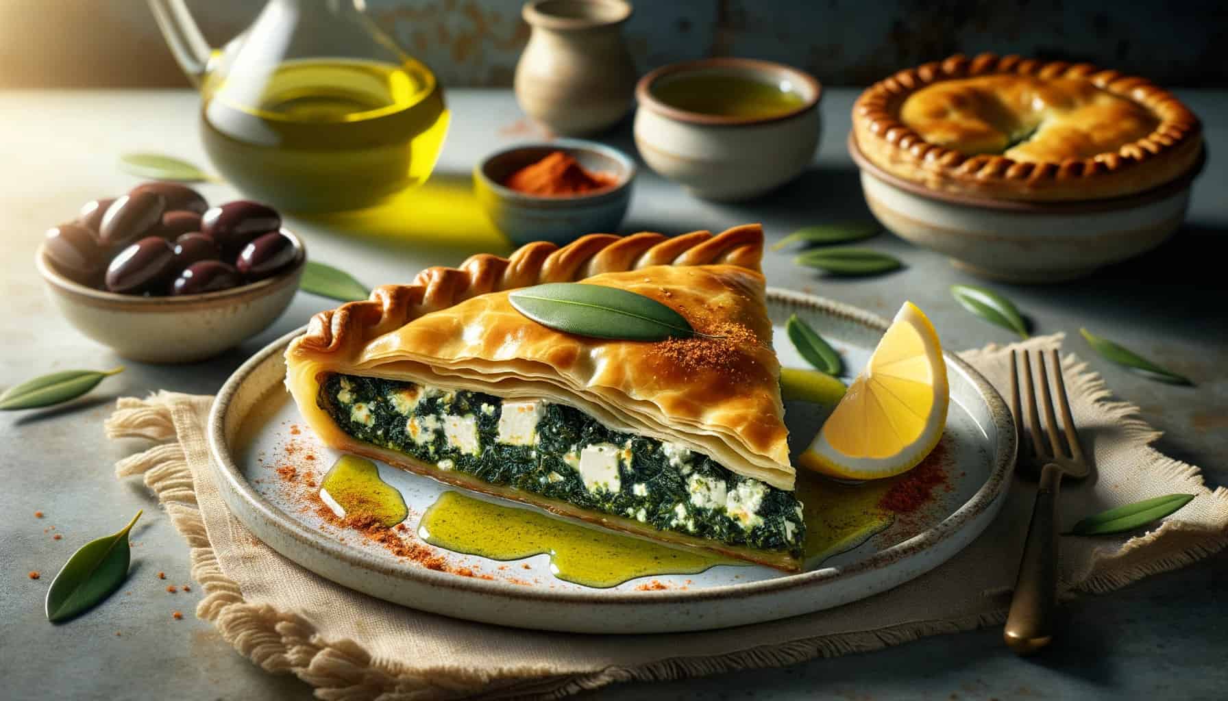 Mediterranean spinach and feta pie (spanakopita). With its many layers, the pastry is golden and crispy, contrasting beautifully with the rich and creamy spinach-feta filling. Beside the pie is a slice of lemon and a sprinkle of paprika. The background showcases a stone countertop with a pitcher of olive oil, a bowl of kalamata olives, and a carafe of white wine.