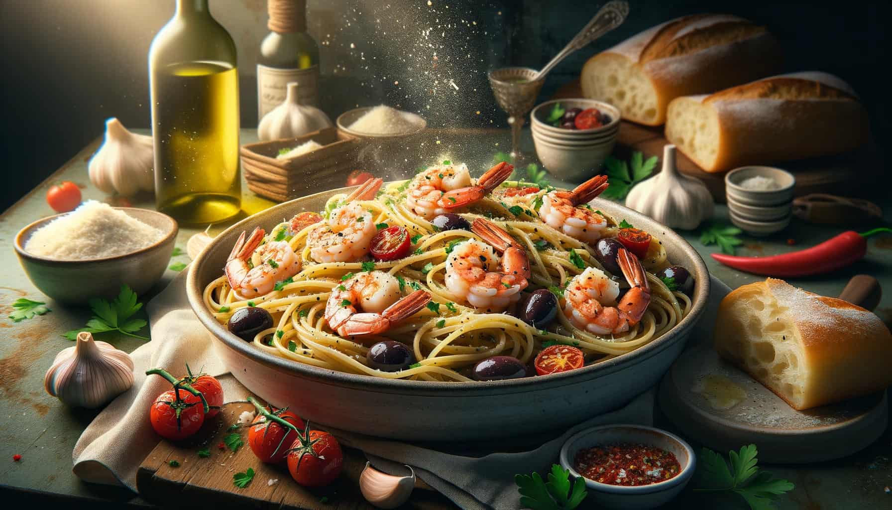 Photo-realistic depiction of mediterranean garlic shrimp pasta. A deep dish holds twirls of spaghetti generously coated in a garlic-infused olive oil sauce. Interspersed within the pasta are succulent, pink shrimp seared to perfection, plump cherry tomatoes, and kalamata olives. The dish is garnished with freshly chopped parsley, grated parmesan cheese, and red chili flakes. Set against a rustic mediterranean kitchen backdrop with a bottle of white wine and a loaf of crusty bread.