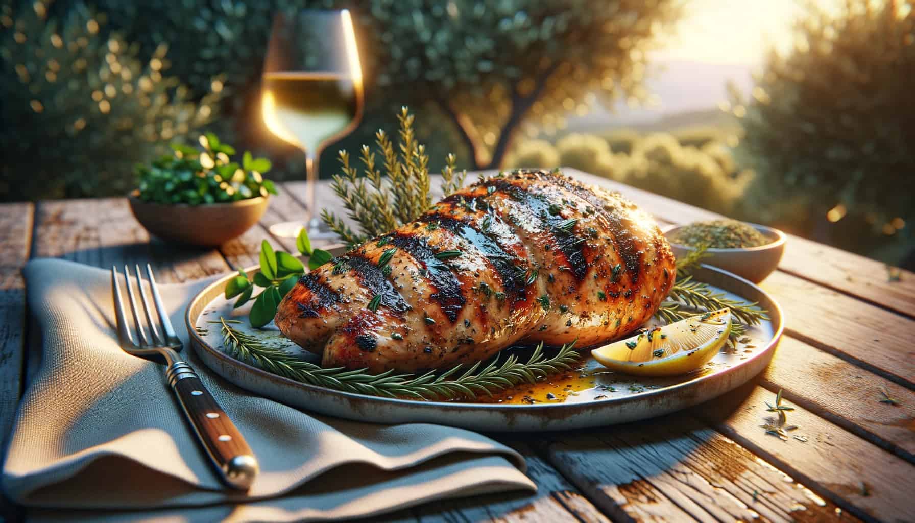 Mediterranean herb-grilled chicken. A plate holds a perfectly grilled chicken breast, with char marks and a golden-brown hue, marinated in a mix of mediterranean herbs such as rosemary, thyme, and oregano.