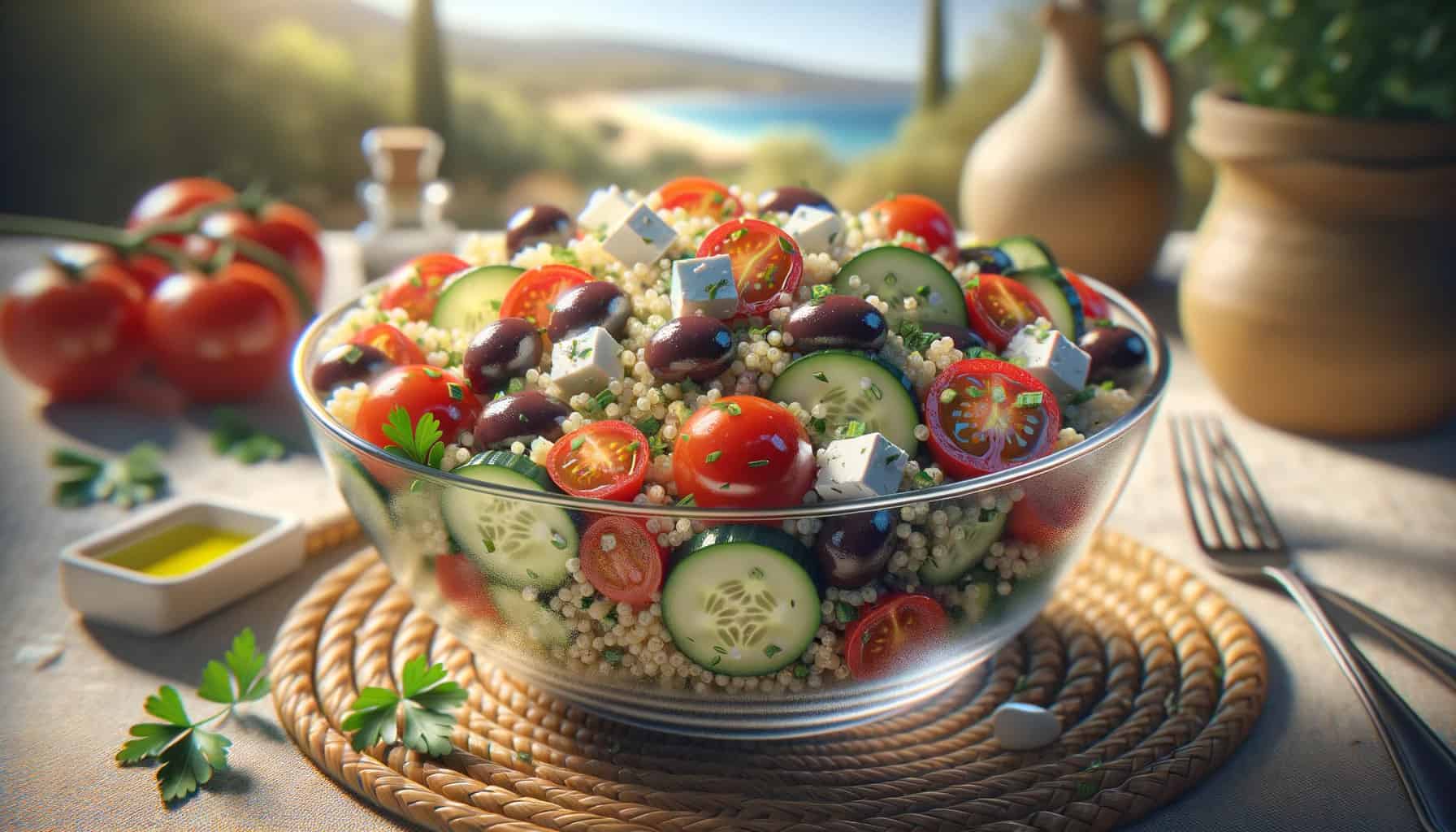 Mediterranean quinoa salad. A clear glass bowl contains fluffy cooked quinoa mixed with diced cucumbers, cherry tomatoes, kalamata olives, and red bell peppers. The salad is tossed in a zesty lemon-olive oil dressing and garnished with crumbled feta cheese and freshly chopped parsley.