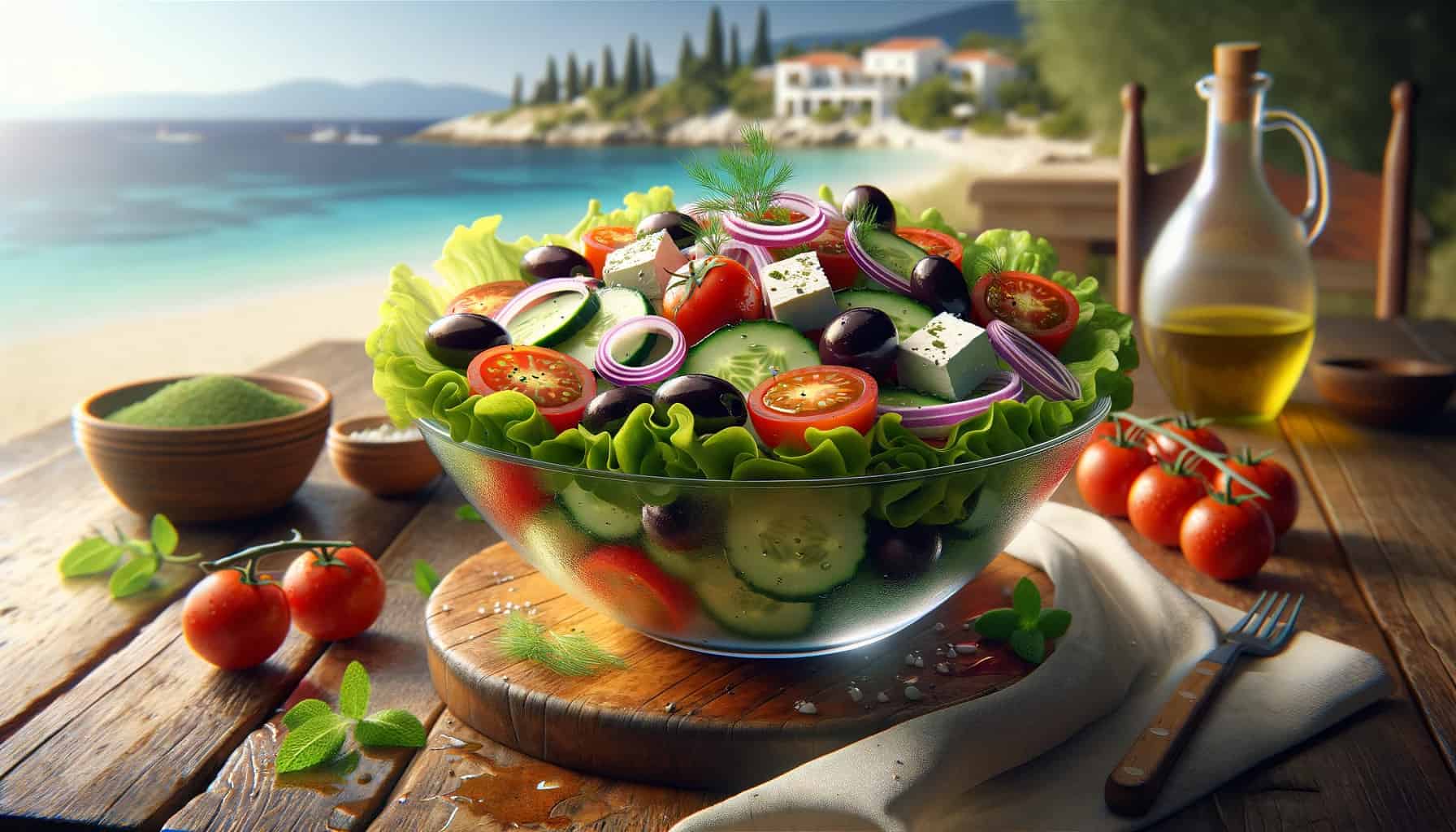 Mediterranean salad. A large glass bowl showcases a vibrant mixture of fresh ingredients. Crisp romaine lettuce forms the base, topped with cherry tomatoes, cucumber slices, red onion rings, and kalamata olives. Generous chunks of feta cheese are scattered throughout, and the salad is garnished with fresh dill and mint leaves.