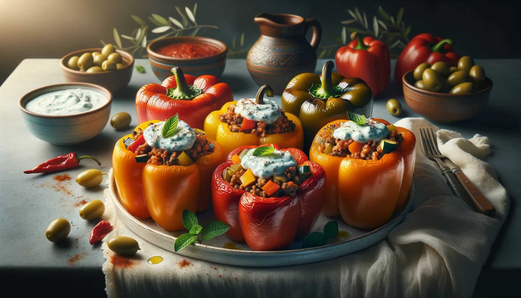 Mediterranean stuffed bell peppers arranged on a white ceramic plate. The bell peppers, with shades of orange, red, and yellow, are filled to the brim with a savory mix of ground lamb, rice, diced zucchini, and seasoned with mediterranean spices. A dollop of tzatziki sauce and a sprinkle of chopped mint leaves enhance the flavors.