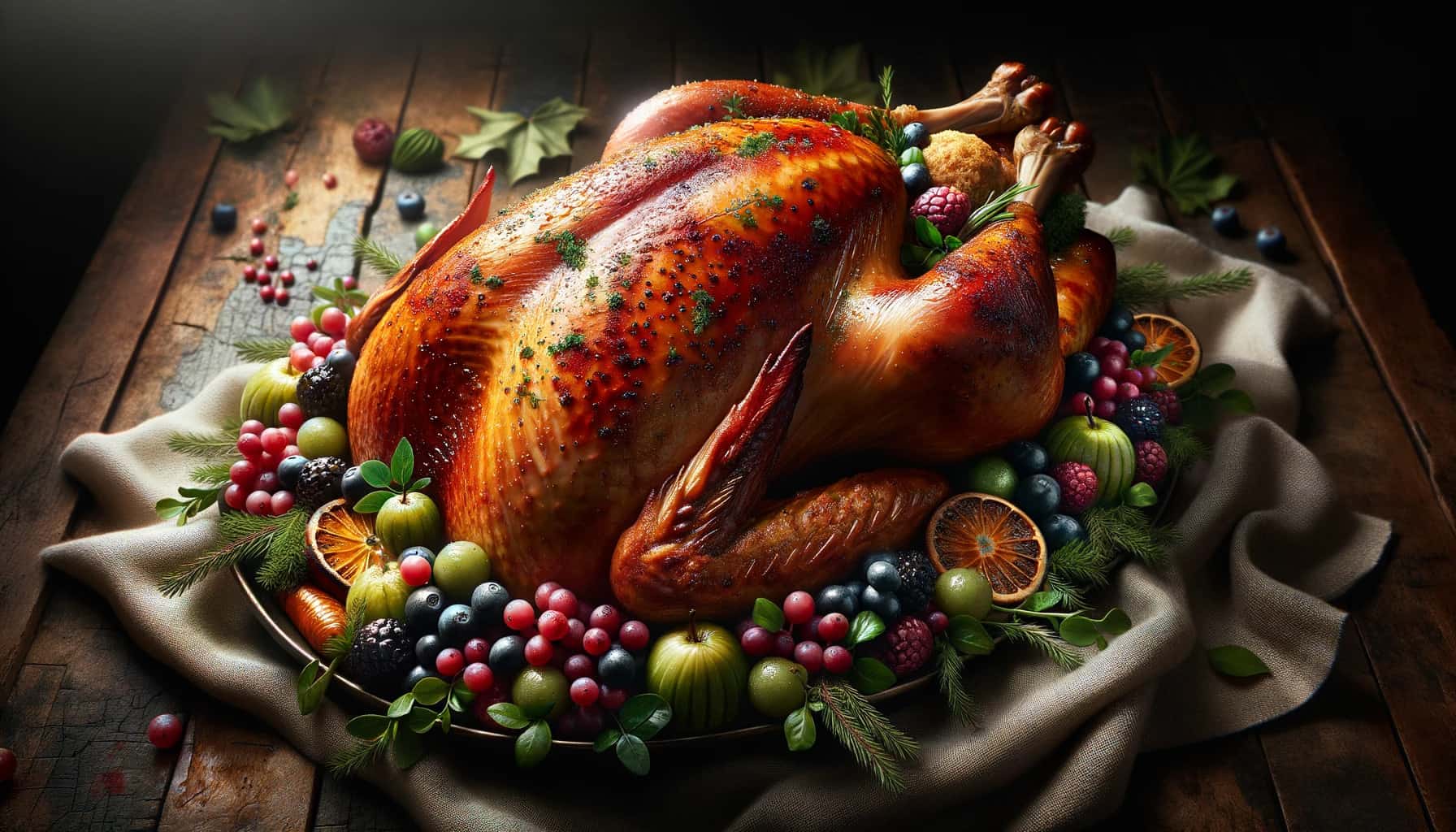 Peru de natal, garnished with fresh herbs and fruits, set against a rustic backdrop. The roast turkey's skin is beautifully golden, with hints of the farofa stuffing visible.