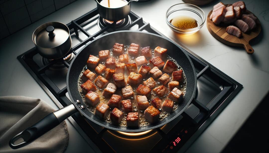 Photo capturing the essence of cooking a delectable pork dish. A large skillet heats up on a modern stove, and seasoned pork cubes