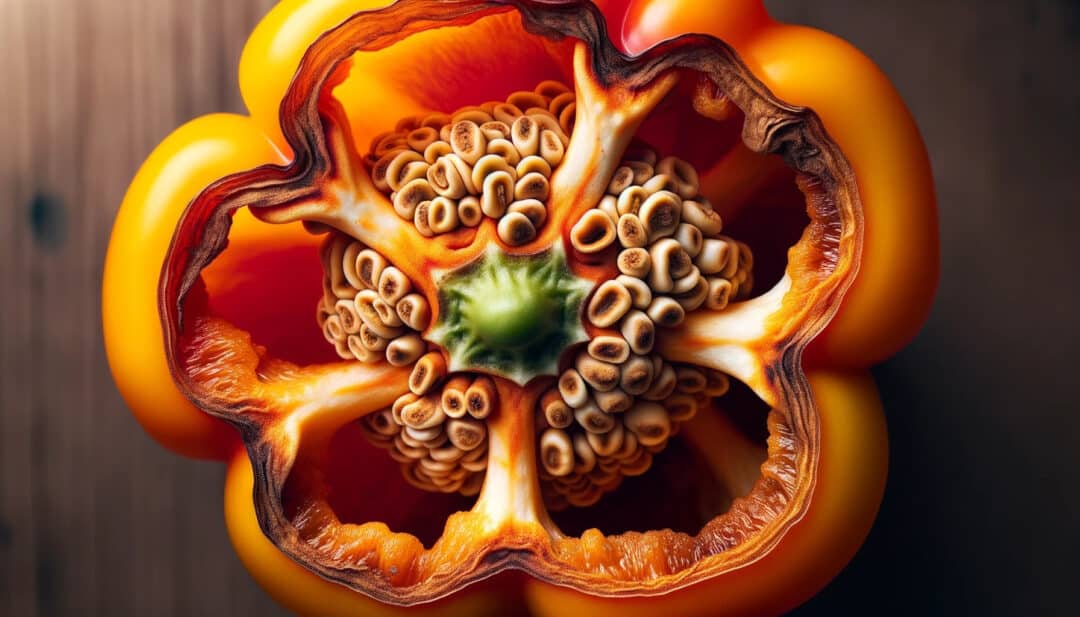 Photo depicting a close-up view of the interior of a bell pepper, focusing on the brown spots. The seeds are visible, and the color contrasts between the vibrant exterior and the blemished interior.