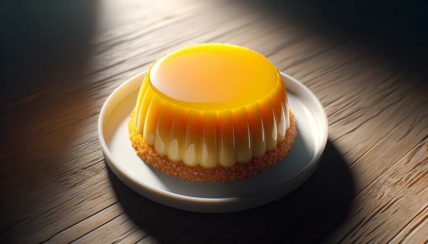 Quindim (coconut and egg yolk pudding) is presented on a white porcelain plate. The quindim is vibrant yellow, with a glossy top and a grainy coconut base.