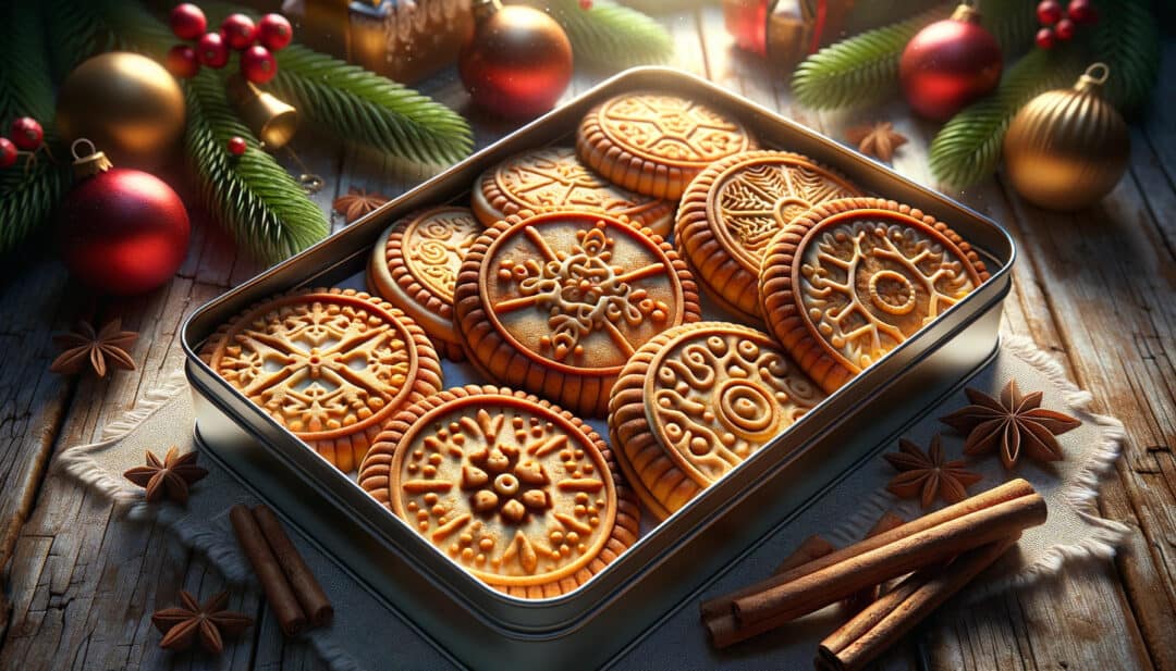 Speculoos cookies perfectly baked to a crisp golden color, boast traditional designs and patterns. They might be arranged in a tin or on a rustic wooden board, paired with festive decorations or spices like cinnamon sticks.