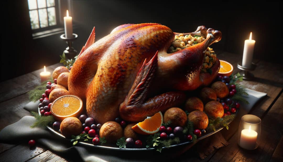 Stuffed turkey, the centerpiece of a christmas dinner in belgium. The turkey, roasted to a perfect golden-brown, sits majestically on a platter, surrounded by garnishes like fresh herbs, oranges, and cranberries. The stuffing, peeking out slightly, promises a blend of flavors with ingredients like breadcrumbs, herbs, and perhaps chestnuts or dried fruits.
