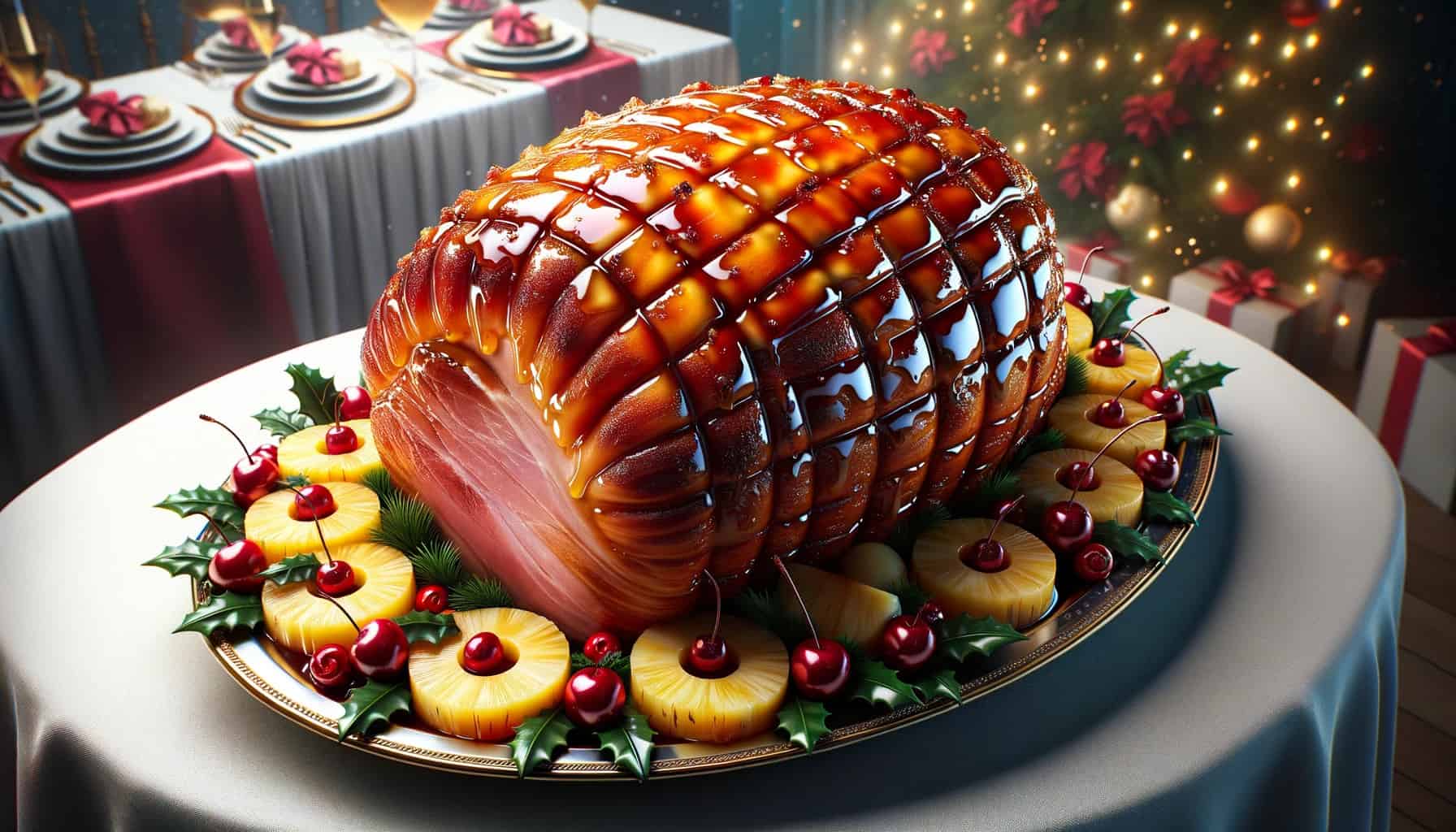 Tender de natal (christmas ham) is on a large serving platter. The ham is glazed with a golden-brown honey coating adorned with pineapple slices and cherries.
