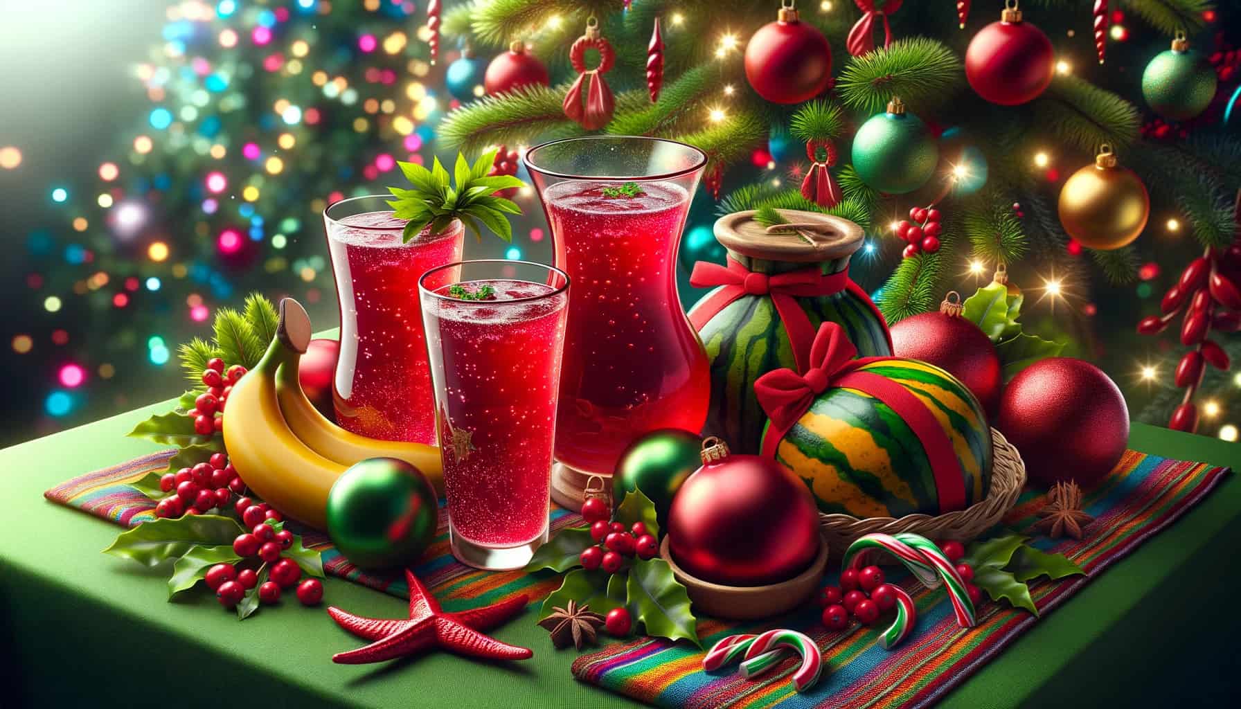 Trinidadian christmas sorrel drinks are set on a festive table with traditional caribbean decorations.