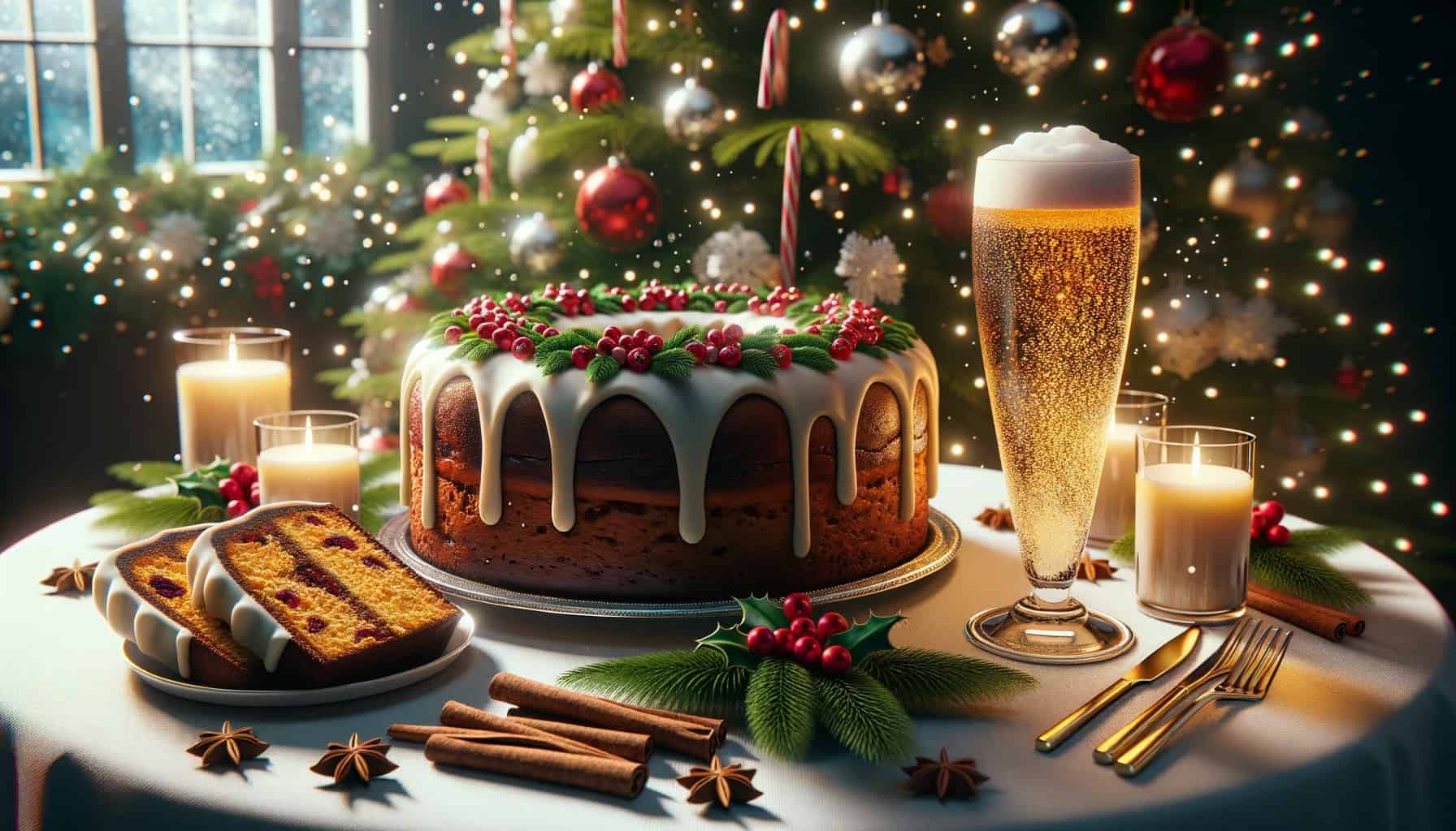 Trinidadian christmas table. In the center is a beautifully decorated christmas cake, surrounded by slices ready to be served. Beside it are tall glasses of sparkling ginger beer with bubbles rising to the top. The table is adorned with christmas decorations, and the warm glow of candles adds to the festive ambiance.