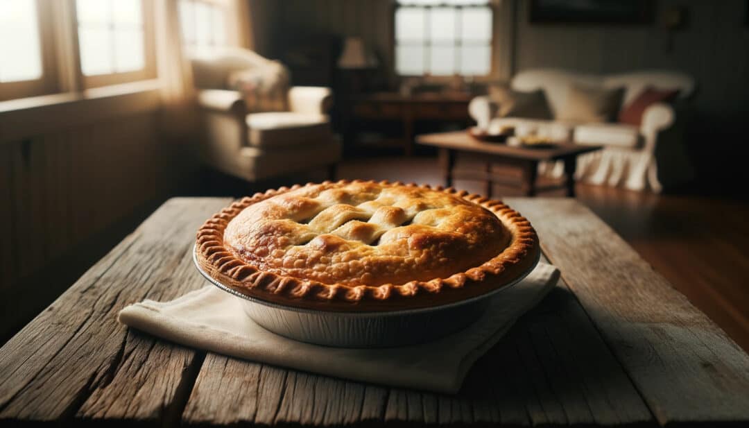 A marie callender pie placed on a rustic wooden table