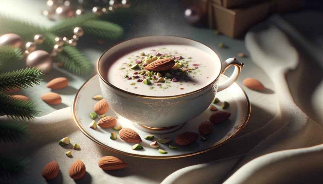Sahlab beverage, an elegant choice for christmas celebrations. A porcelain cup holds this creamy hot drink, its surface slightly steaming. The sahlab has a velvety texture, and its rich cream color contrasts beautifully with a topping of chopped almonds and pistachios. A faint floral aroma from the rosewater is almost tangible.