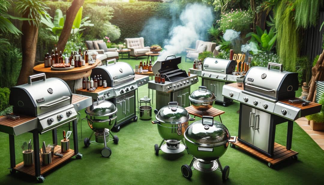 A backyard setting featuring several types of grills, including kettle grills, gas grills, and smokers, indicative of a popular grill brand