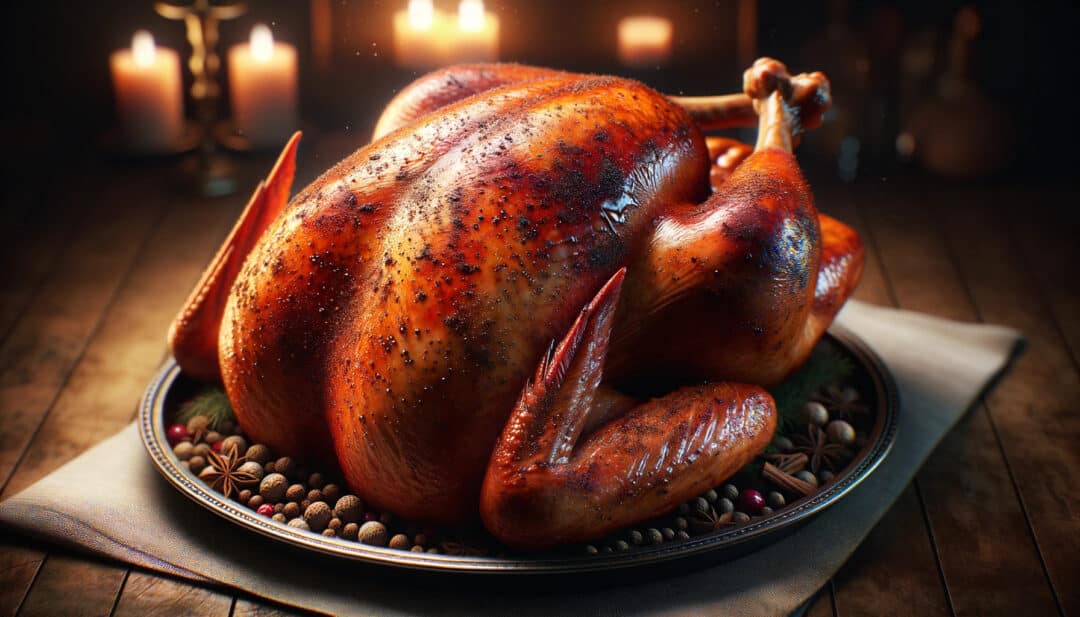 A baked turkey, beautifully bronzed and sitting majestically on a serving platter. The turkey's skin glistens, hinting at its juicy interior. It's seasoned with a rich blend of aromatic spices like cumin, coriander, cinnamon, and nutmeg. The surrounding ambiance is warm, with soft lighting casting gentle shadows on the turkey and emphasizing its texture. The color palette is vibrant and natural, capturing the turkey's roasted perfection.